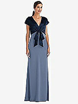 Front View Thumbnail - Larkspur Blue & Midnight Navy Soft Bow Blouson Bodice Trumpet Gown