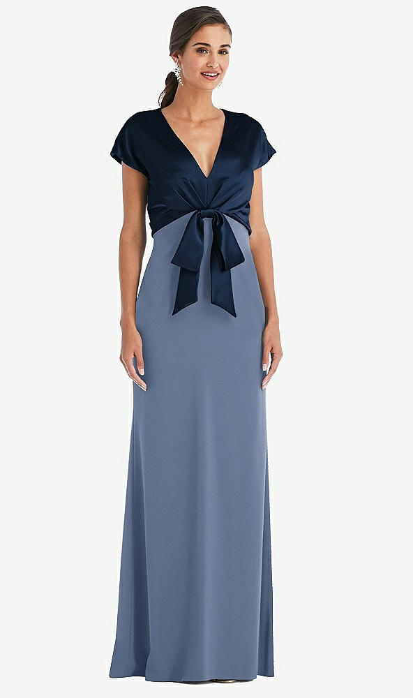 Front View - Larkspur Blue & Midnight Navy Soft Bow Blouson Bodice Trumpet Gown