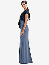 Side View Thumbnail - Larkspur Blue & Midnight Navy Soft Bow Blouson Bodice Trumpet Gown