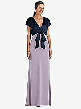 Front View Thumbnail - Lilac Haze & Midnight Navy Soft Bow Blouson Bodice Trumpet Gown