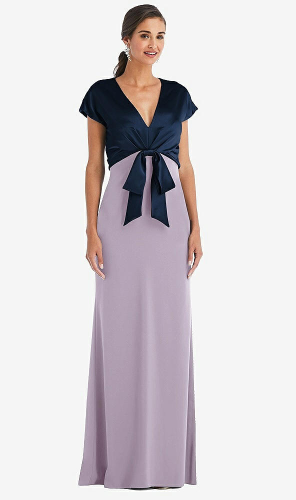 Front View - Lilac Haze & Midnight Navy Soft Bow Blouson Bodice Trumpet Gown