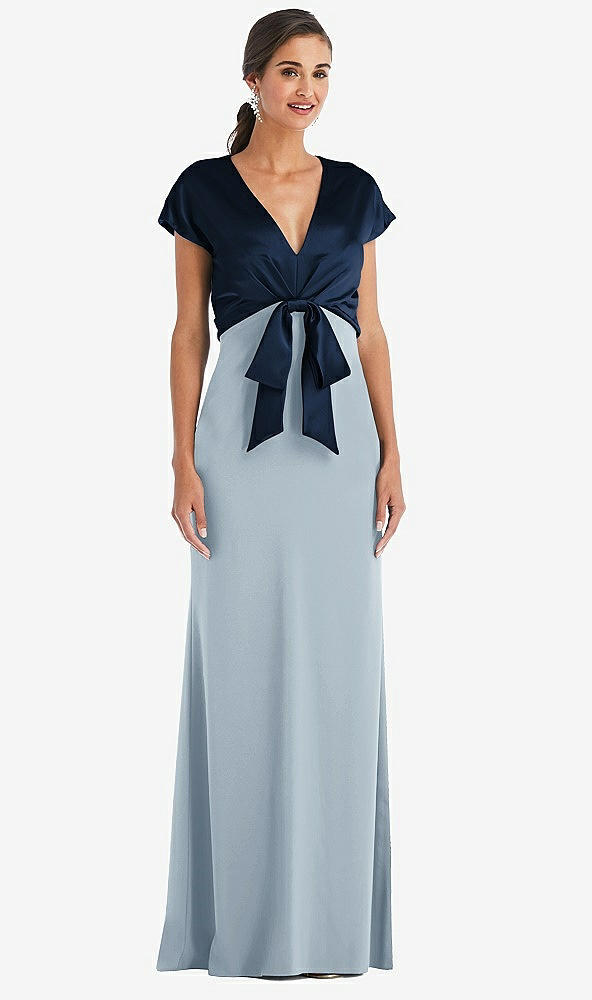 Front View - Mist & Midnight Navy Soft Bow Blouson Bodice Trumpet Gown