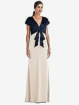 Front View Thumbnail - Oat & Midnight Navy Soft Bow Blouson Bodice Trumpet Gown