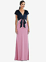 Front View Thumbnail - Powder Pink & Midnight Navy Soft Bow Blouson Bodice Trumpet Gown