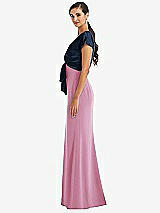 Side View Thumbnail - Powder Pink & Midnight Navy Soft Bow Blouson Bodice Trumpet Gown