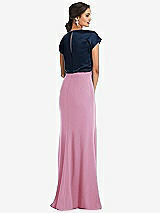 Rear View Thumbnail - Powder Pink & Midnight Navy Soft Bow Blouson Bodice Trumpet Gown