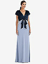Front View Thumbnail - Sky Blue & Midnight Navy Soft Bow Blouson Bodice Trumpet Gown