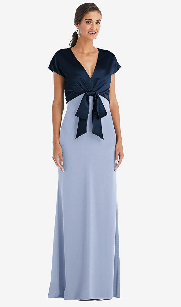 Front View - Sky Blue & Midnight Navy Soft Bow Blouson Bodice Trumpet Gown