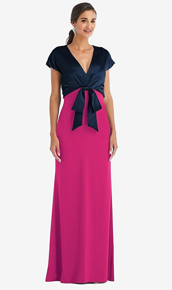 Front View - Think Pink & Midnight Navy Soft Bow Blouson Bodice Trumpet Gown