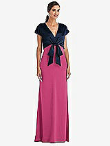 Front View Thumbnail - Tea Rose & Midnight Navy Soft Bow Blouson Bodice Trumpet Gown