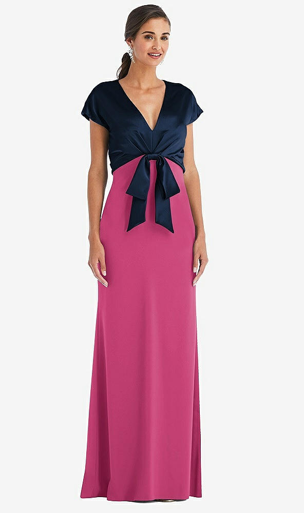 Front View - Tea Rose & Midnight Navy Soft Bow Blouson Bodice Trumpet Gown