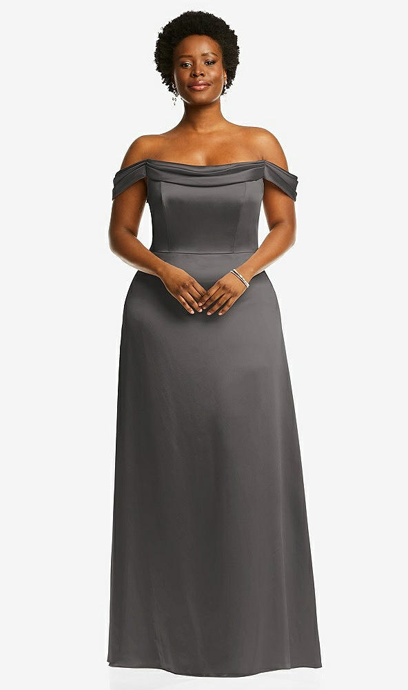 Front View - Caviar Gray Draped Pleat Off-the-Shoulder Maxi Dress