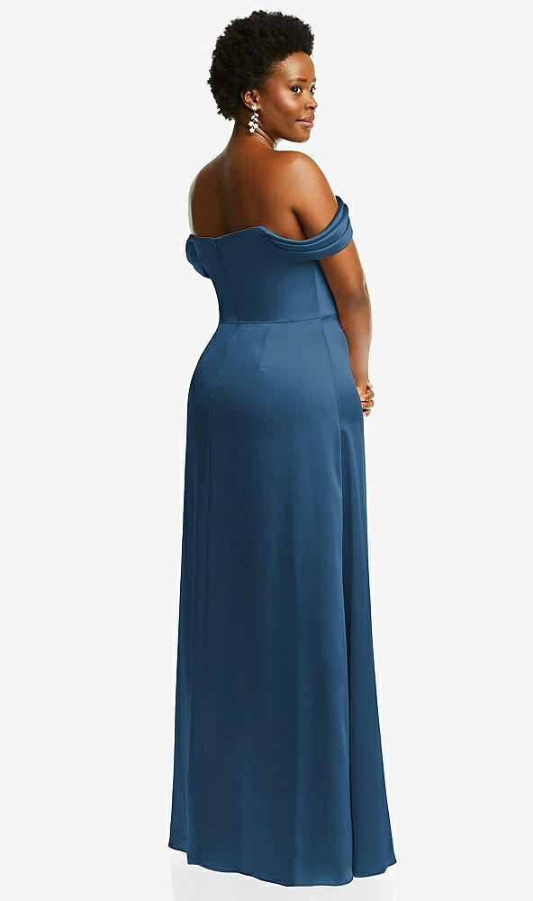 Back View - Dusk Blue Draped Pleat Off-the-Shoulder Maxi Dress