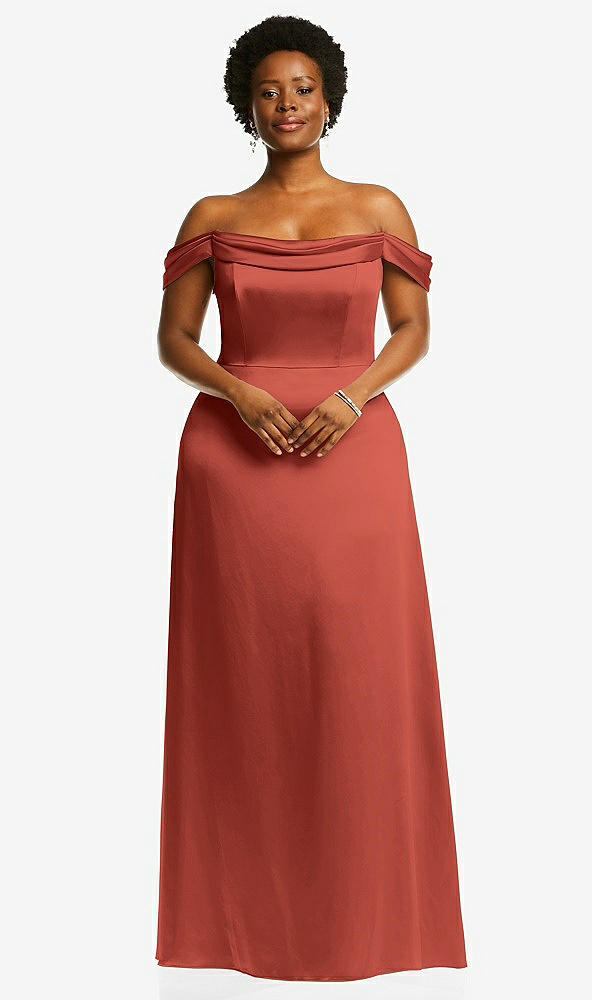 Front View - Amber Sunset Draped Pleat Off-the-Shoulder Maxi Dress