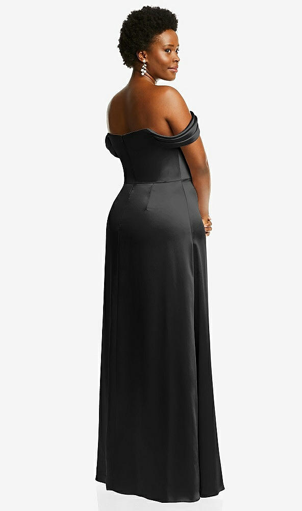 Back View - Black Draped Pleat Off-the-Shoulder Maxi Dress