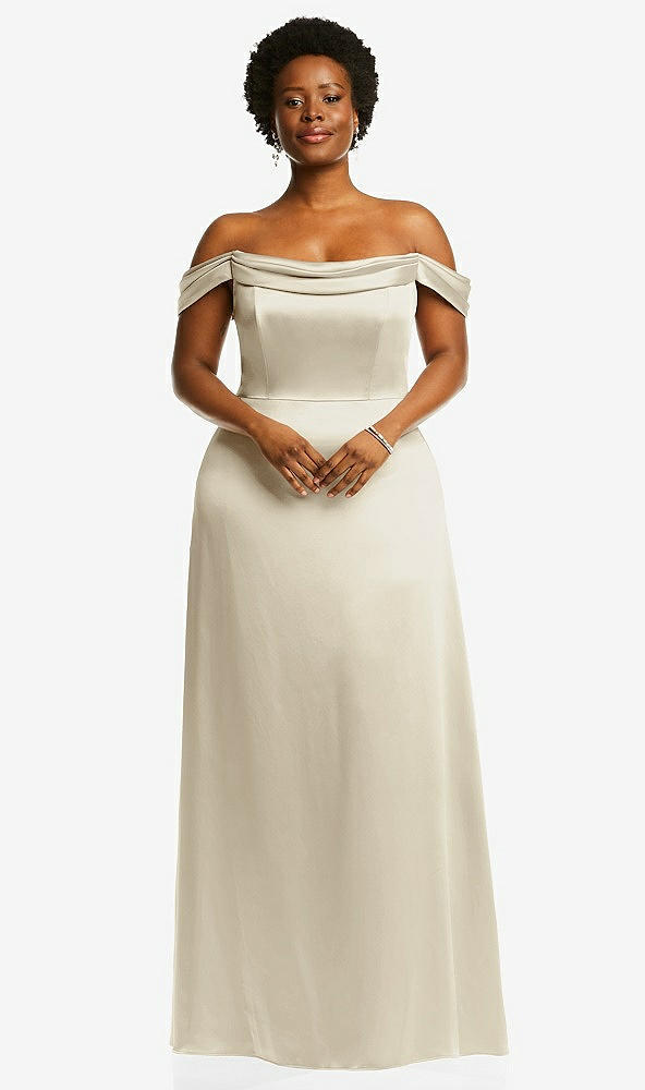 Front View - Champagne Draped Pleat Off-the-Shoulder Maxi Dress