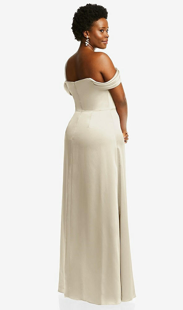 Back View - Champagne Draped Pleat Off-the-Shoulder Maxi Dress