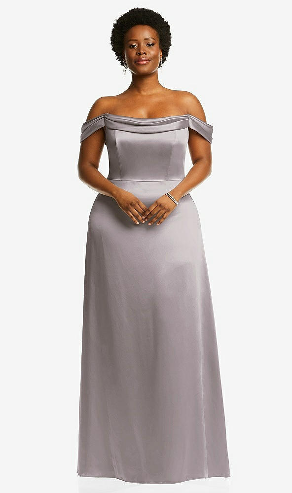 Front View - Cashmere Gray Draped Pleat Off-the-Shoulder Maxi Dress