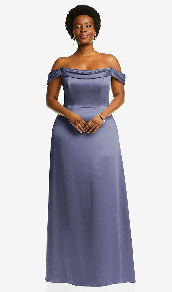 Front View - French Blue Draped Pleat Off-the-Shoulder Maxi Dress