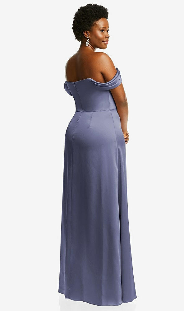 Back View - French Blue Draped Pleat Off-the-Shoulder Maxi Dress