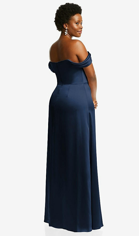 Back View - Midnight Navy Draped Pleat Off-the-Shoulder Maxi Dress