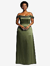 Front View Thumbnail - Olive Green Draped Pleat Off-the-Shoulder Maxi Dress