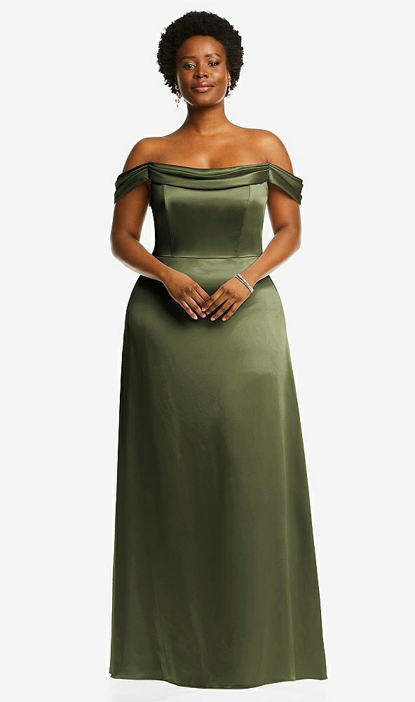 Front View - Olive Green Draped Pleat Off-the-Shoulder Maxi Dress