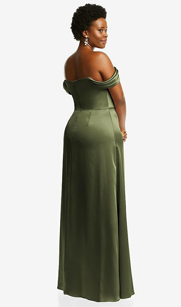 Back View - Olive Green Draped Pleat Off-the-Shoulder Maxi Dress