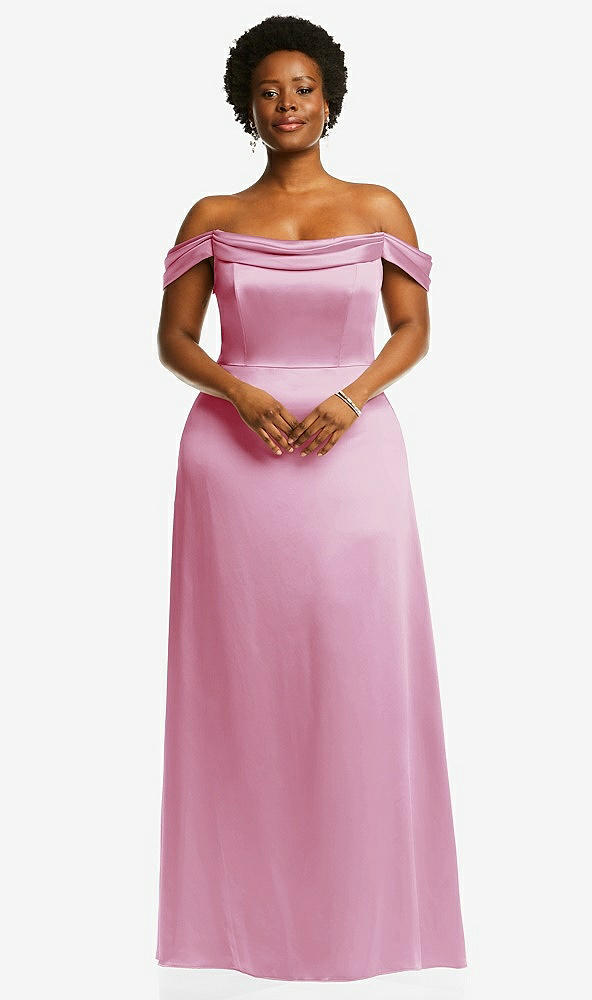 Front View - Powder Pink Draped Pleat Off-the-Shoulder Maxi Dress