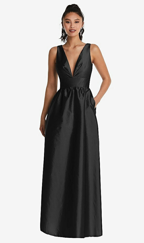 Front View - Black Plunging Neckline Maxi Dress with Pockets