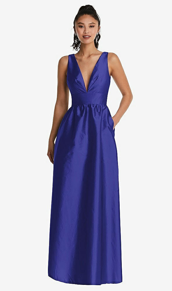 Front View - Electric Blue Plunging Neckline Maxi Dress with Pockets