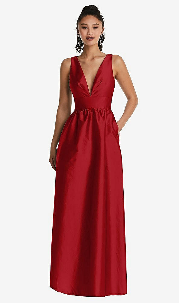 Front View - Garnet Plunging Neckline Maxi Dress with Pockets
