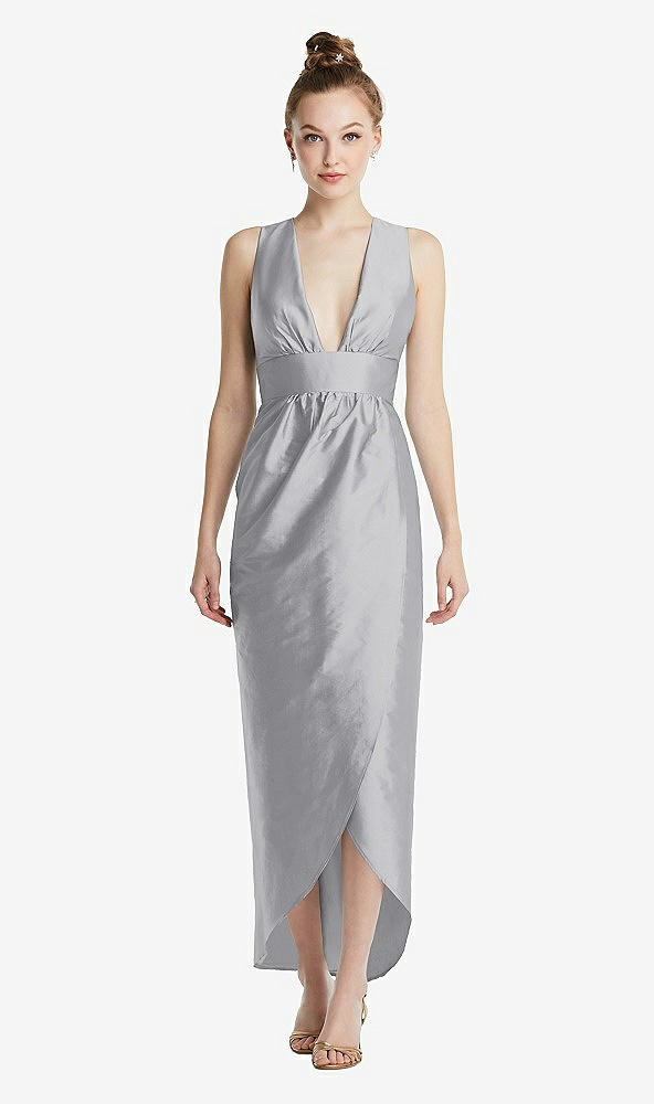 Front View - French Gray Plunging Neckline Shirred Tulip Skirt Midi Dress