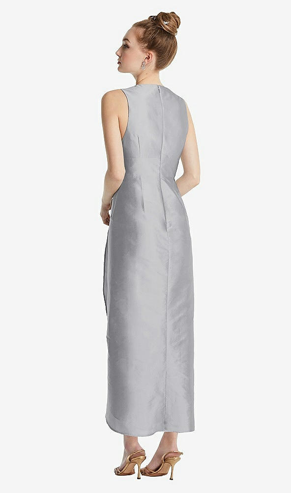 Back View - French Gray Plunging Neckline Shirred Tulip Skirt Midi Dress