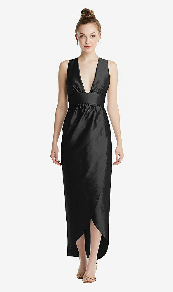 Front View - Black Plunging Neckline Shirred Tulip Skirt Midi Dress