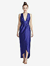 Front View Thumbnail - Electric Blue Plunging Neckline Shirred Tulip Skirt Midi Dress