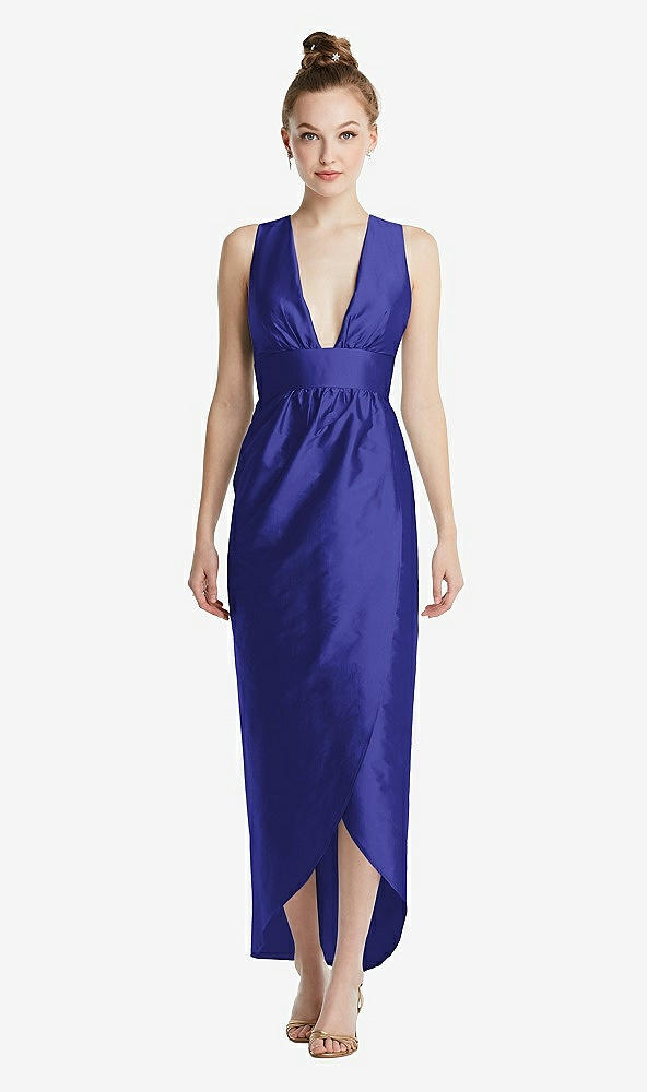 Front View - Electric Blue Plunging Neckline Shirred Tulip Skirt Midi Dress