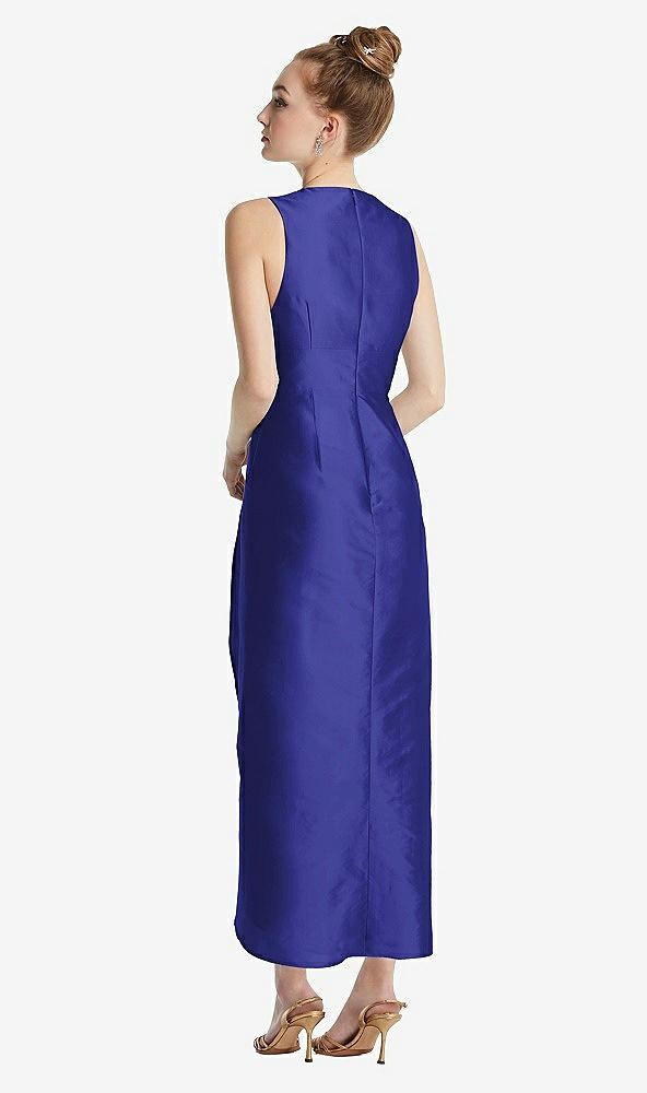 Back View - Electric Blue Plunging Neckline Shirred Tulip Skirt Midi Dress
