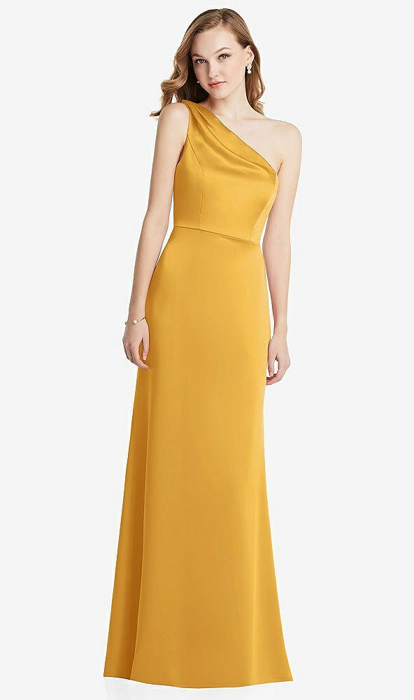 Front View - NYC Yellow Shirred One-Shoulder Satin Trumpet Dress - Maddie