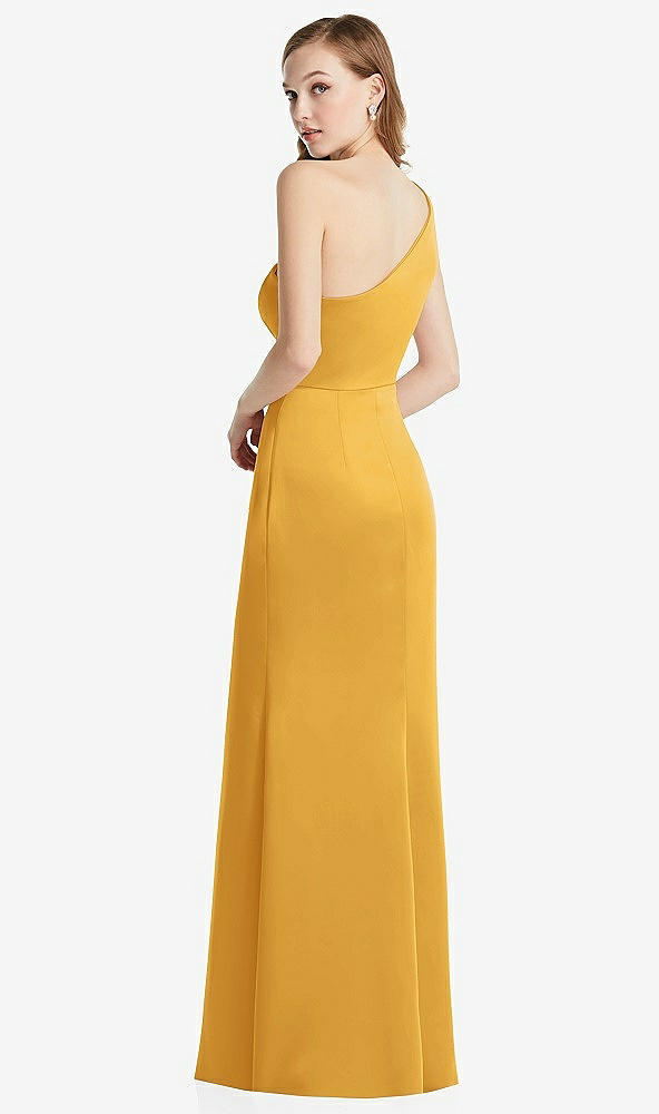 Back View - NYC Yellow Shirred One-Shoulder Satin Trumpet Dress - Maddie