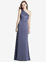 Front View Thumbnail - French Blue Shirred One-Shoulder Satin Trumpet Dress - Maddie