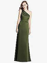 Front View Thumbnail - Olive Green Shirred One-Shoulder Satin Trumpet Dress - Maddie