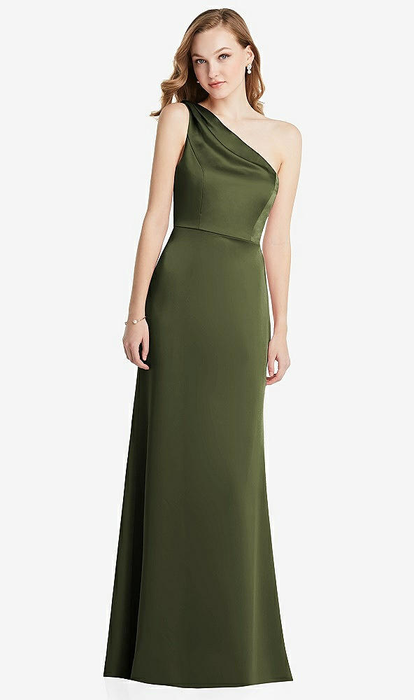 Front View - Olive Green Shirred One-Shoulder Satin Trumpet Dress - Maddie