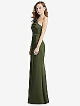 Side View Thumbnail - Olive Green Shirred One-Shoulder Satin Trumpet Dress - Maddie