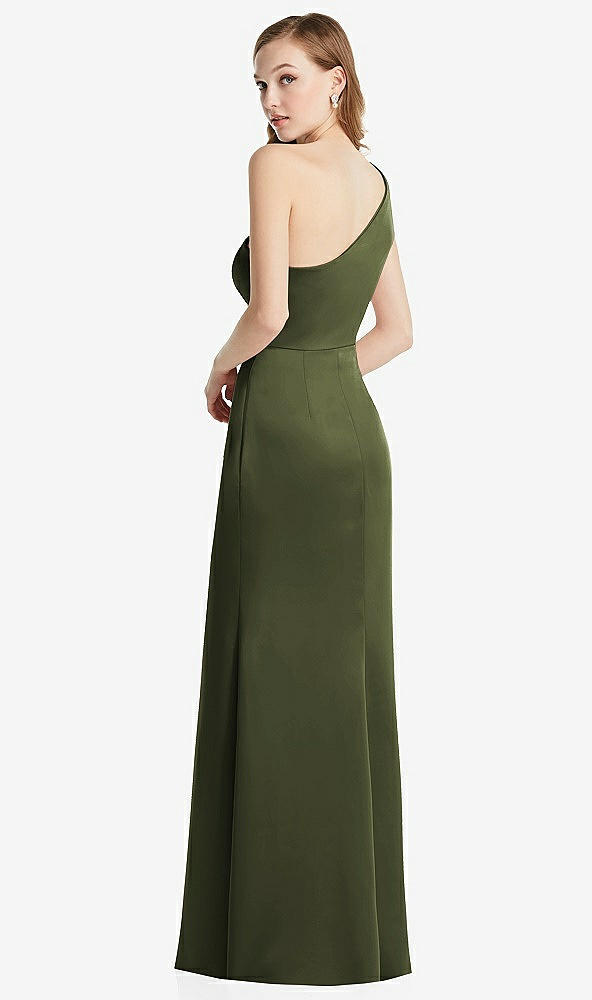 Back View - Olive Green Shirred One-Shoulder Satin Trumpet Dress - Maddie