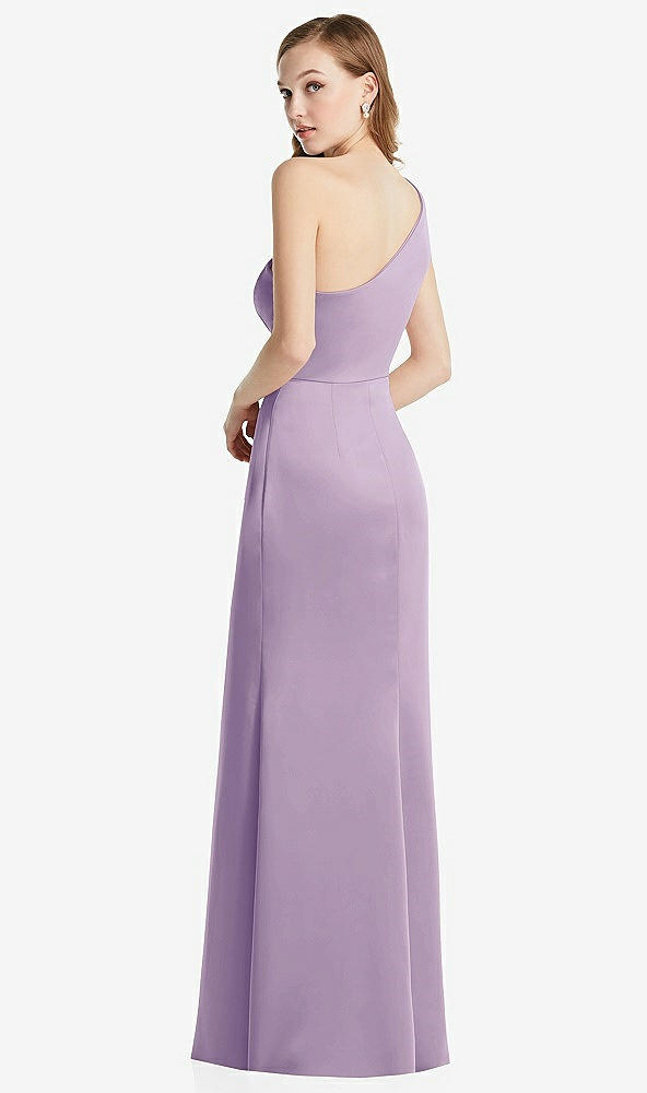 Back View - Pale Purple Shirred One-Shoulder Satin Trumpet Dress - Maddie