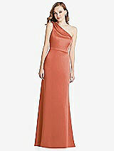 Front View Thumbnail - Terracotta Copper Shirred One-Shoulder Satin Trumpet Dress - Maddie