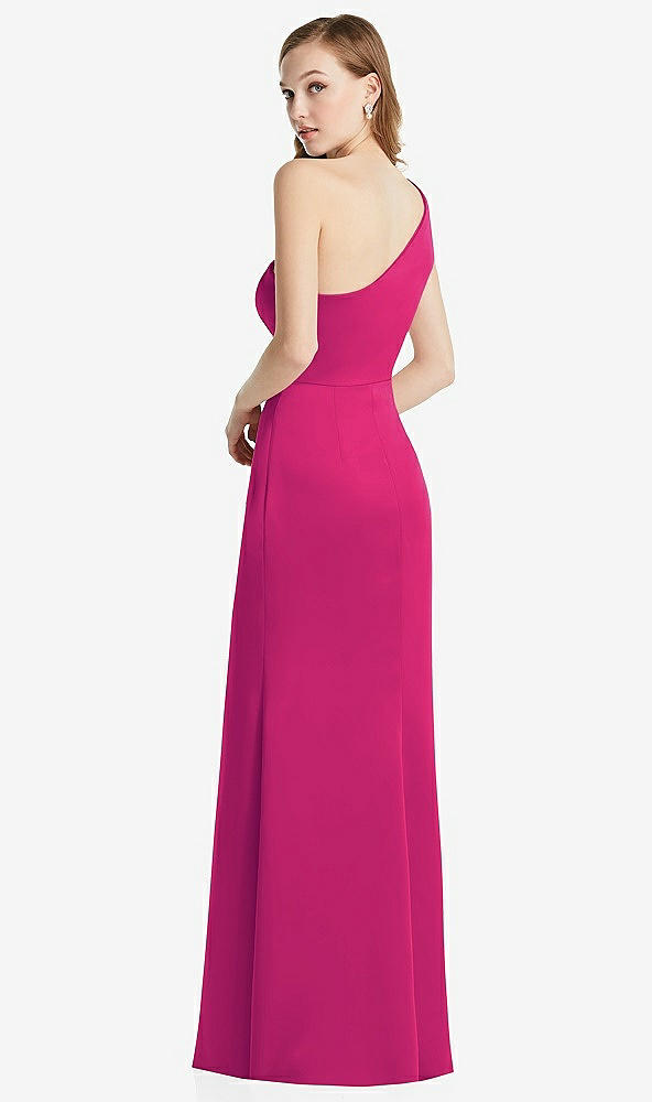 Back View - Think Pink Shirred One-Shoulder Satin Trumpet Dress - Maddie