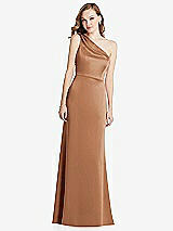 Front View Thumbnail - Toffee Shirred One-Shoulder Satin Trumpet Dress - Maddie