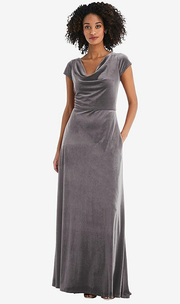Front View - Caviar Gray Cowl-Neck Cap Sleeve Velvet Maxi Dress with Pockets